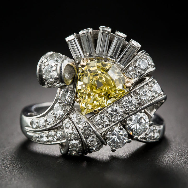 Art Deco 1.53 Carat Intense Fancy Yellow Diamond Cocktail Ring - GIA