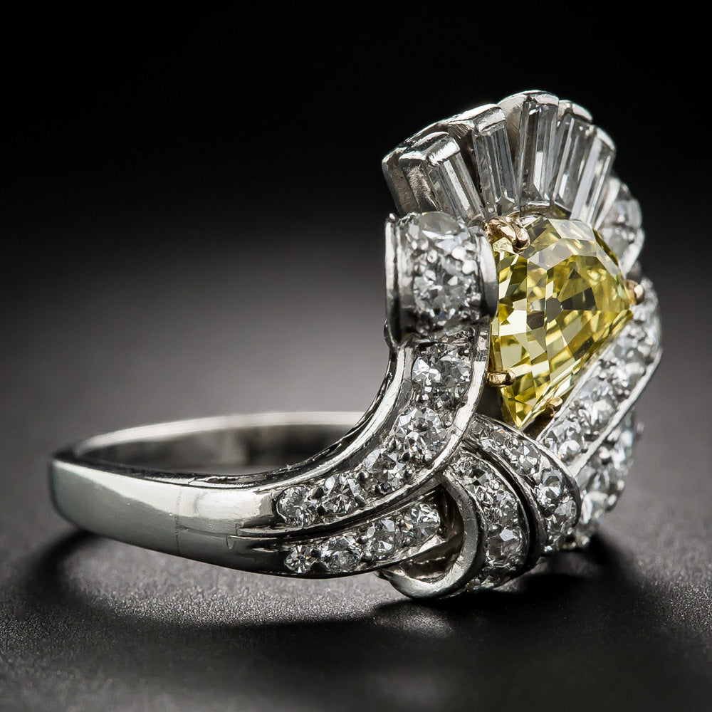 Art Deco 1.53 Carat Intense Fancy Yellow Diamond Cocktail Ring - GIA - 8