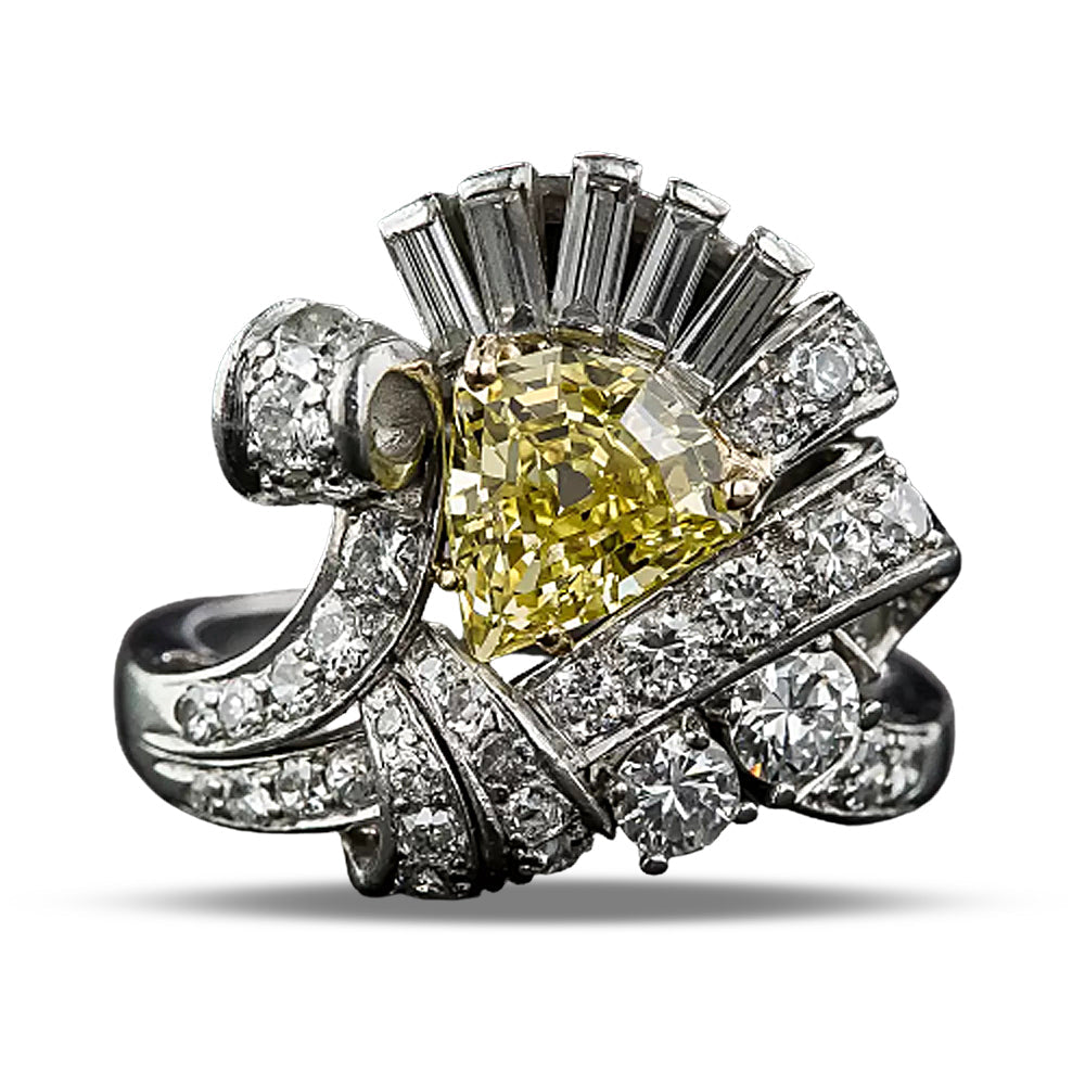 Art Deco 1.53 Carat Intense Fancy Yellow Diamond Cocktail Ring - GIA - 13