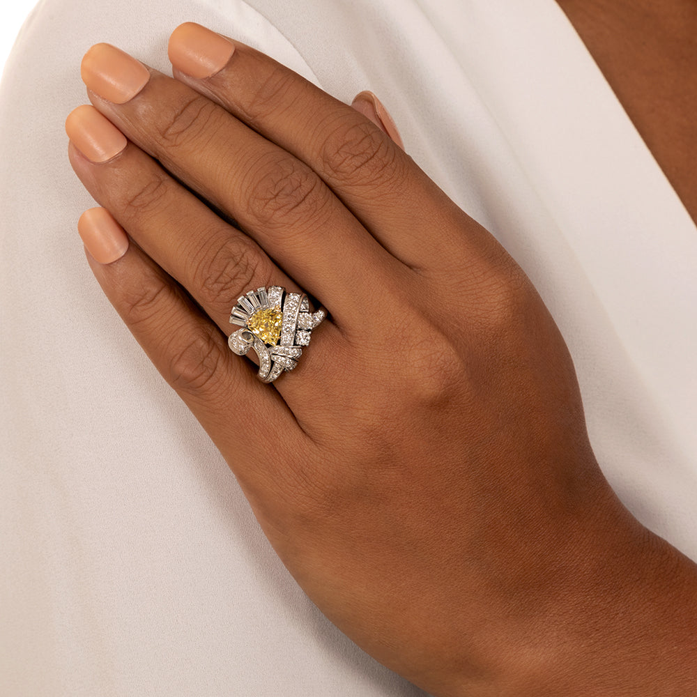 Art Deco 1.53 Carat Intense Fancy Yellow Diamond Cocktail Ring - GIA - 14