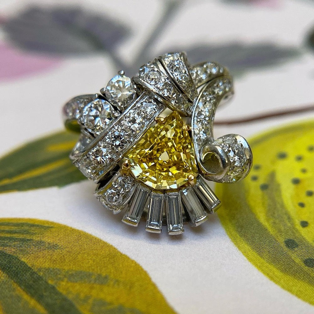 Art Deco 1.53 Carat Intense Fancy Yellow Diamond Cocktail Ring - GIA - 15