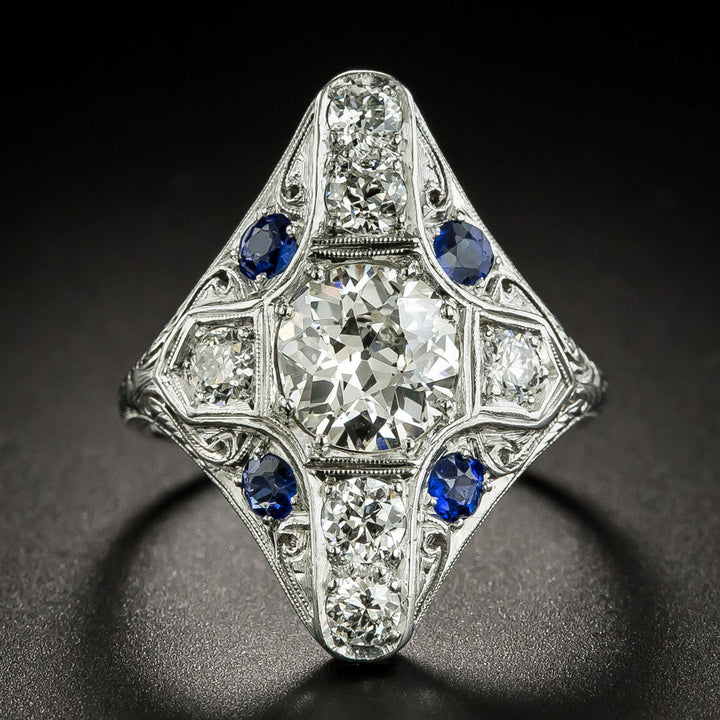 Art Deco 1.57 Carat Diamond and Sapphire* Dinner Ring - GIA K SI1