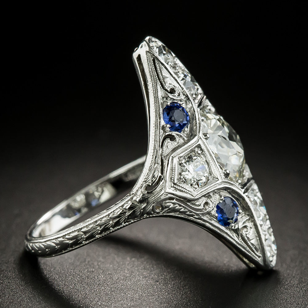 Art Deco 1.57 Carat Diamond and Sapphire* Dinner Ring - GIA K SI1 - 2