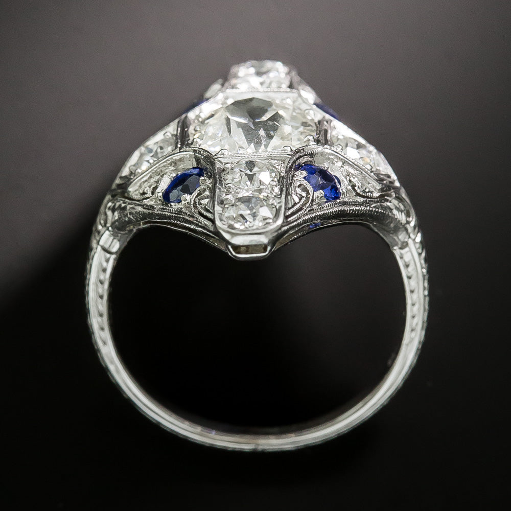 Art Deco 1.57 Carat Diamond and Sapphire* Dinner Ring - GIA K SI1 - 3