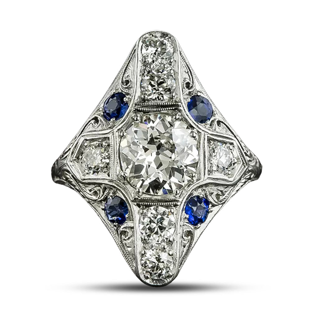 Art Deco 1.57 Carat Diamond and Sapphire* Dinner Ring - GIA K SI1 - 5