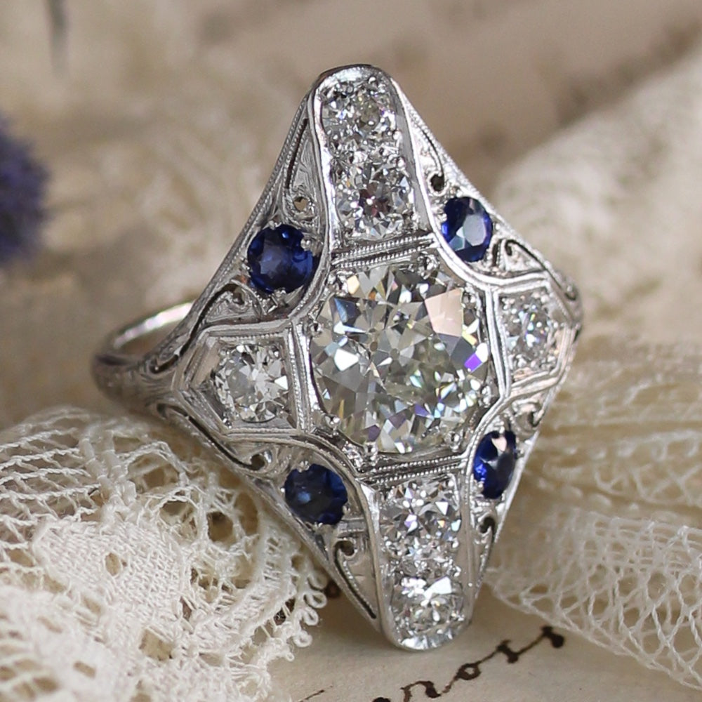 Art Deco 1.57 Carat Diamond and Sapphire* Dinner Ring - GIA K SI1 - 7