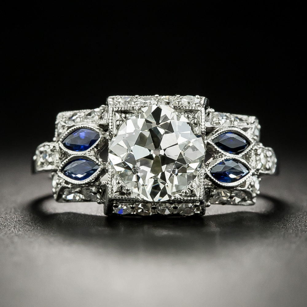 Art Deco 1.64 Carat Diamond and Sapphire Engagement Ring - GIA K SI1 - 2
