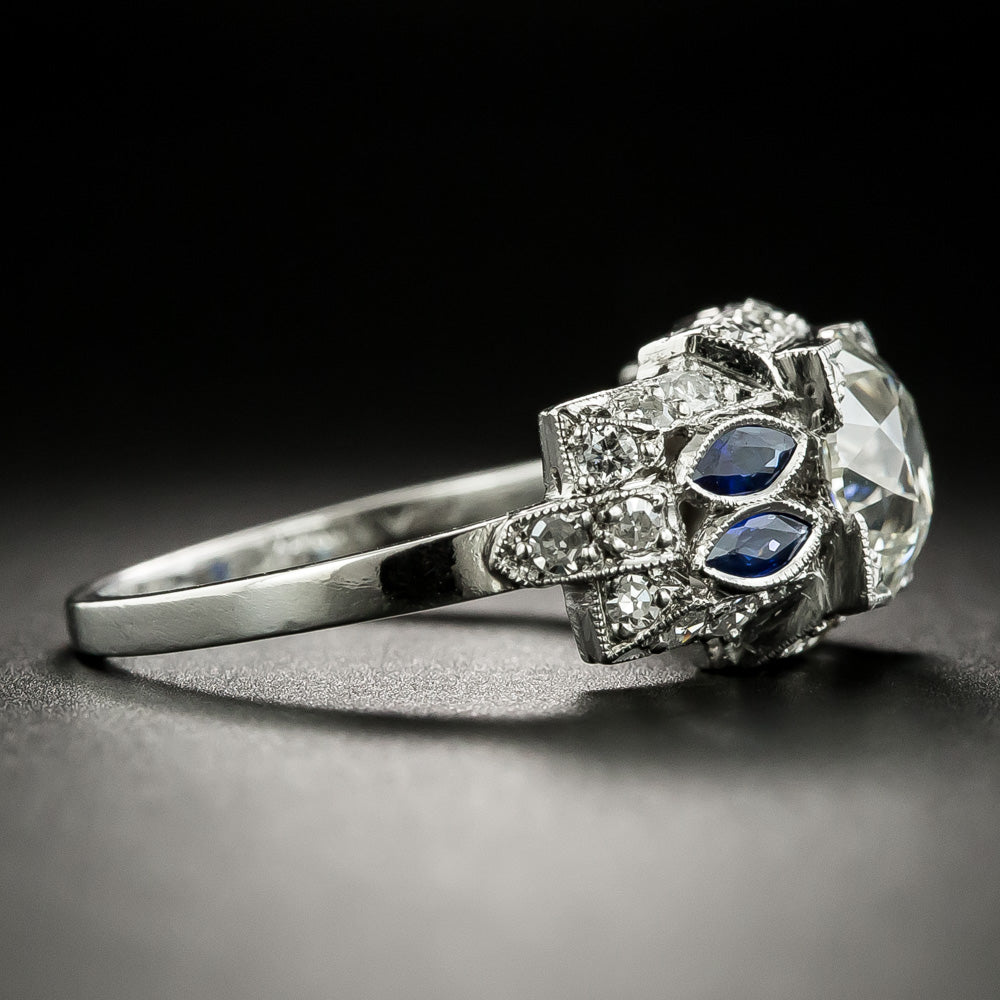 Art Deco 1.64 Carat Diamond and Sapphire Engagement Ring - GIA K SI1 - 3