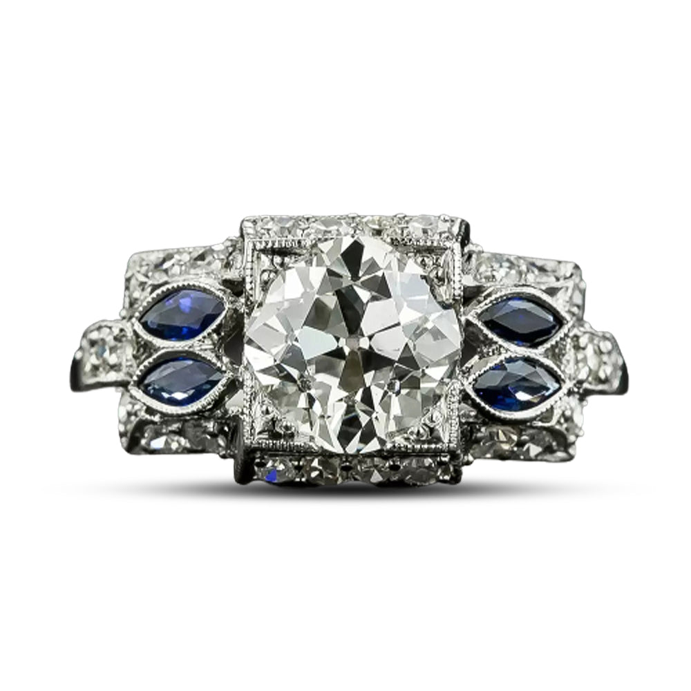 Art Deco 1.64 Carat Diamond and Sapphire Engagement Ring - GIA K SI1 - 5