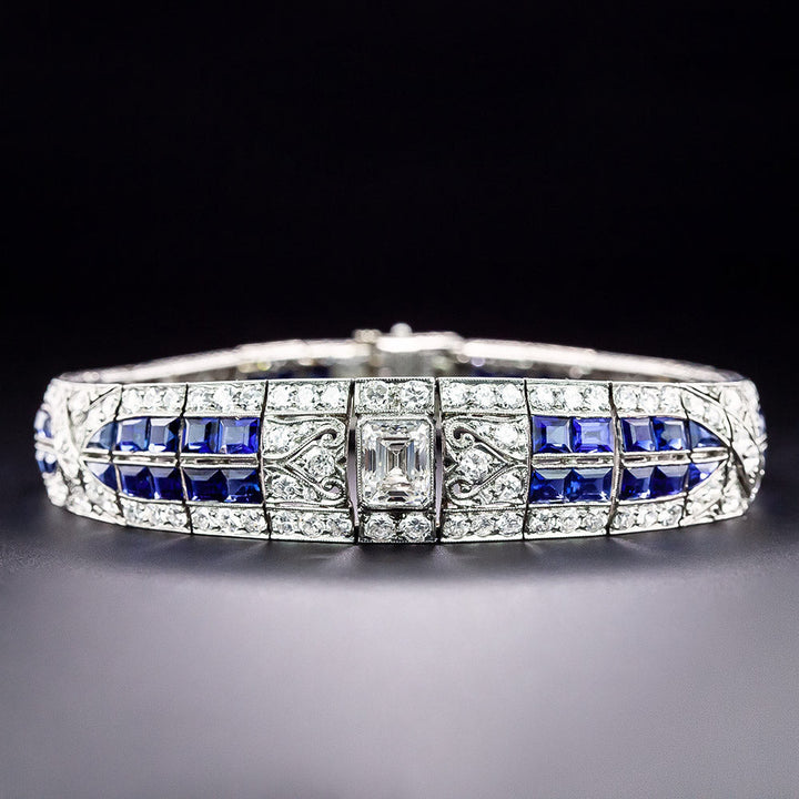 Art Deco 1.76 Carat Emerald-Cut Diamond and Sapphire Bracelet - GIA F VS1