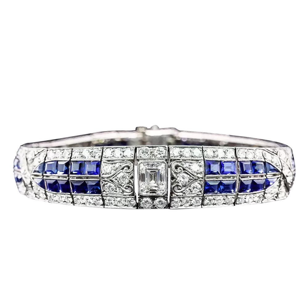 Art Deco 1.76 Carat Emerald-Cut Diamond and Sapphire Bracelet - GIA F VS1 - 3