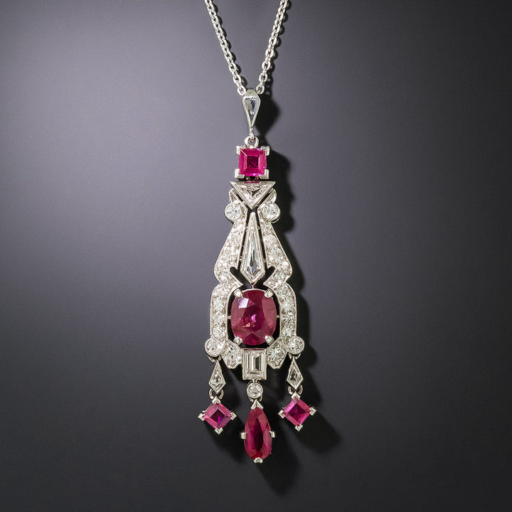 Art Deco 1.90 Carat No-Heat Burma Ruby and Diamond Pendant