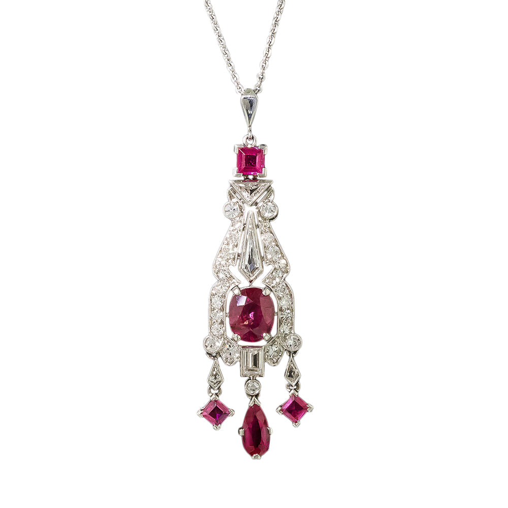 Art Deco 1.90 Carat No-Heat Burma Ruby and Diamond Pendant - 4