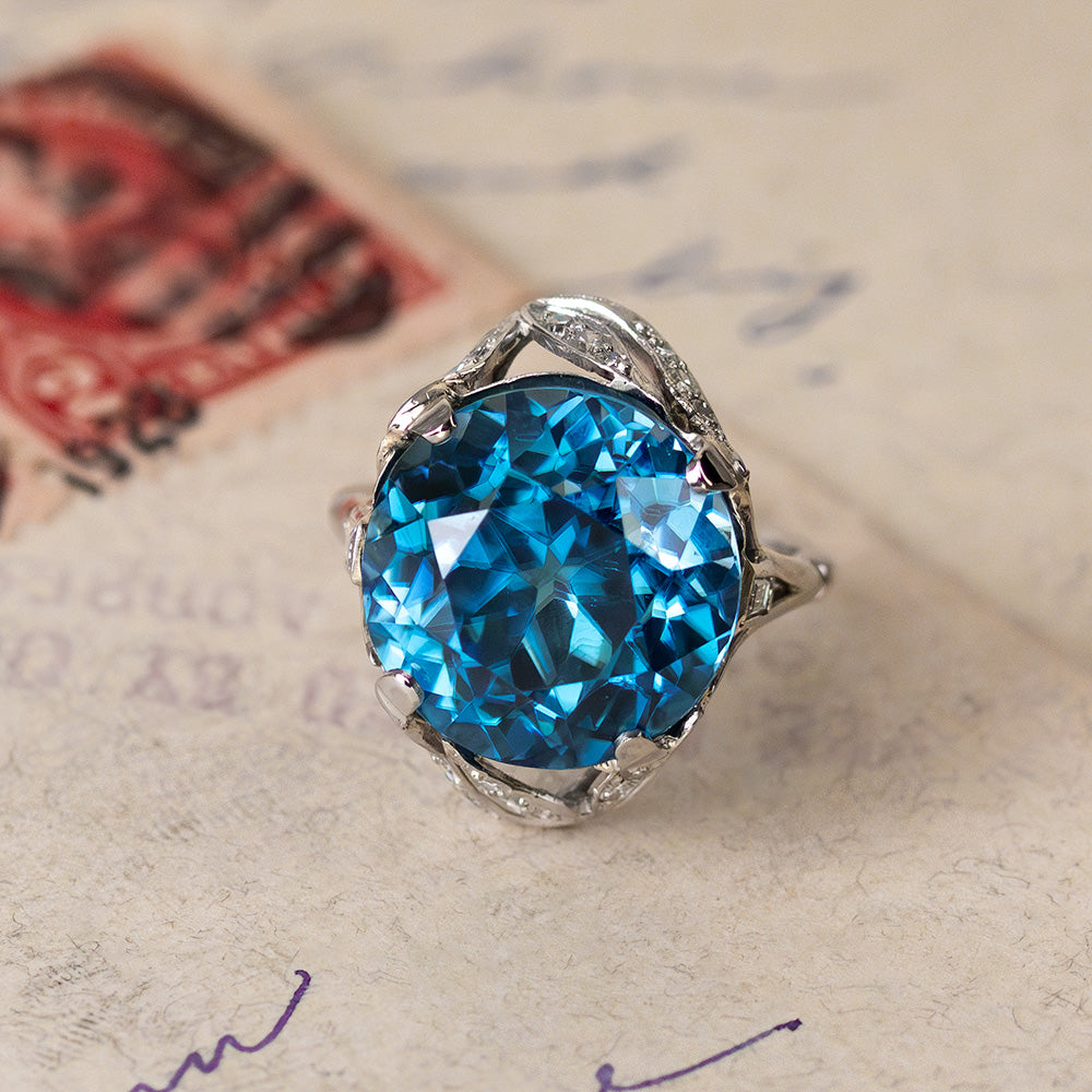 Art Deco 18.21 Carat Blue Zircon and Diamond Ring, by Petri - 9