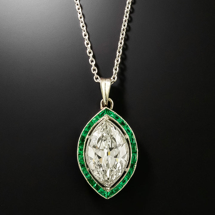 Art Deco 2.03 Carat Marquise Diamond and Emerald Halo Pendant -  GIA I VS1