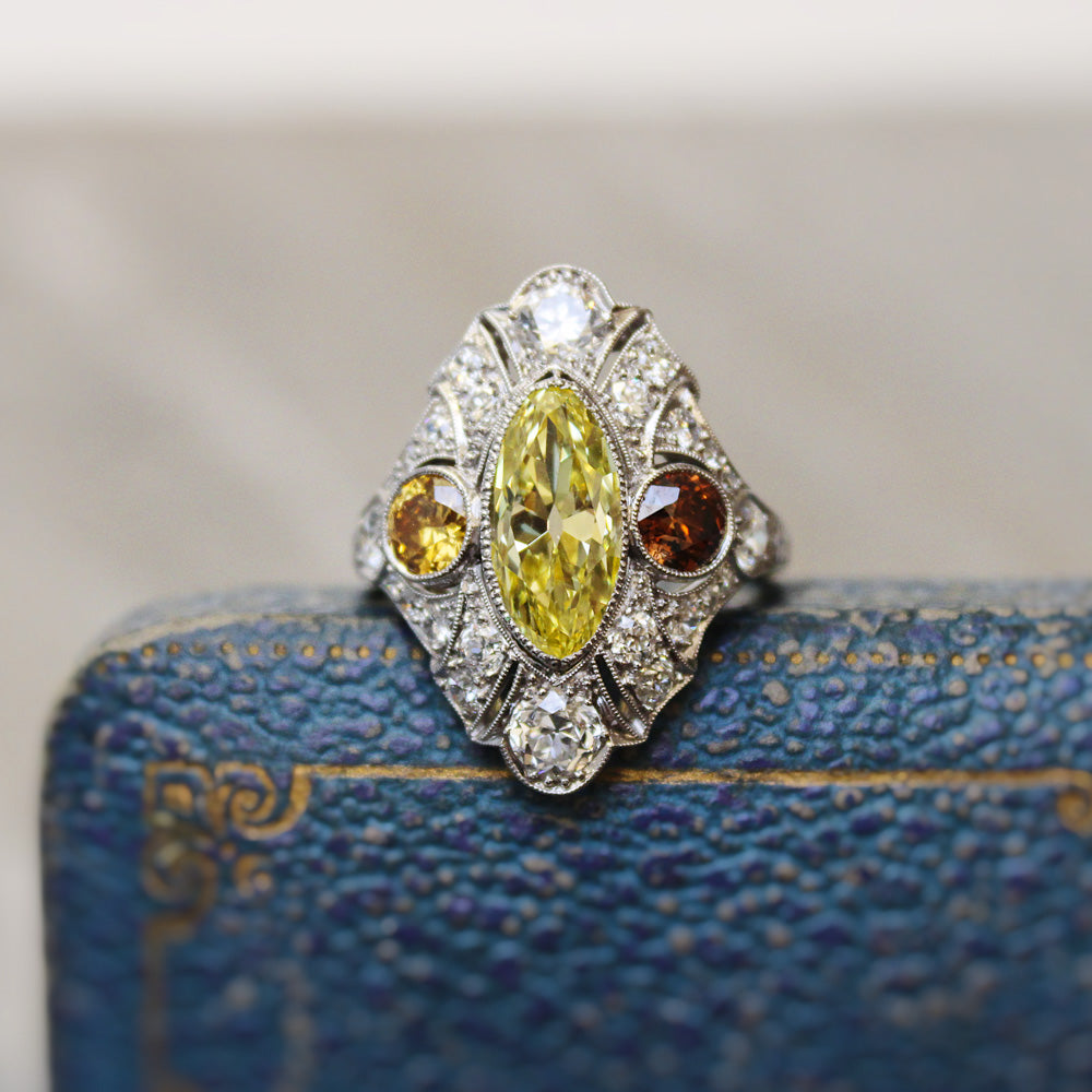 Art Deco 2.12 Carat Fancy Intense Yellow Moval Diamond Ring - GIA - 10