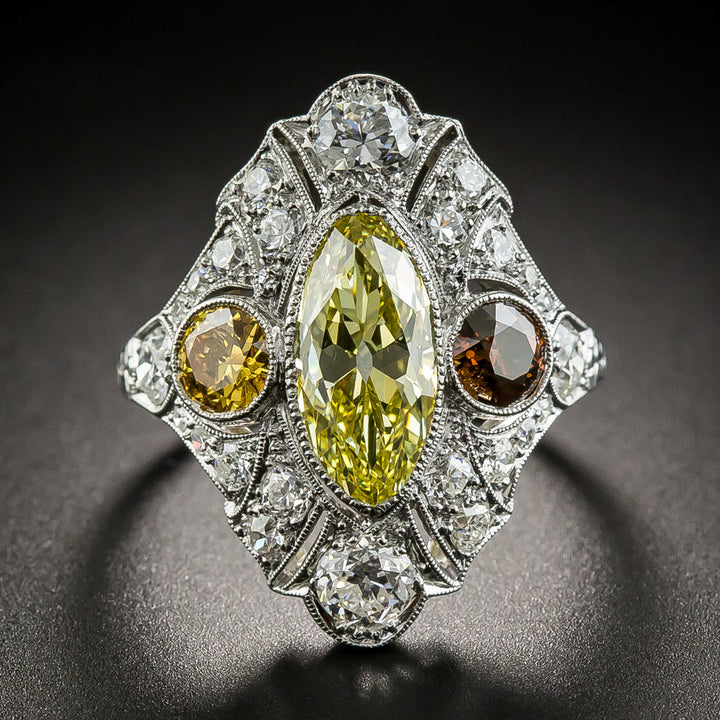 Art Deco 2.12 Carat Fancy Intense Yellow Moval Diamond Ring - GIA