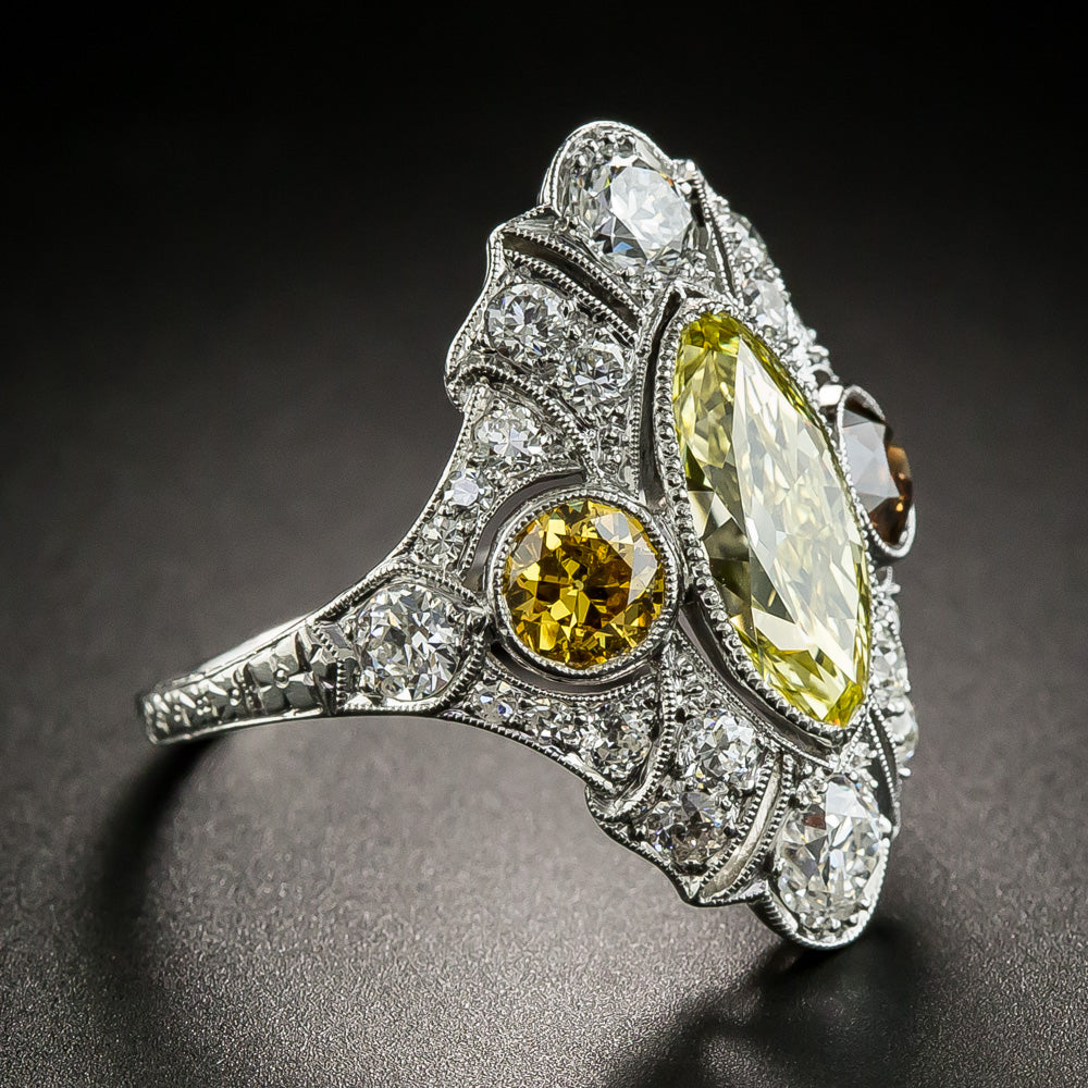 Art Deco 2.12 Carat Fancy Intense Yellow Moval Diamond Ring - GIA - 3