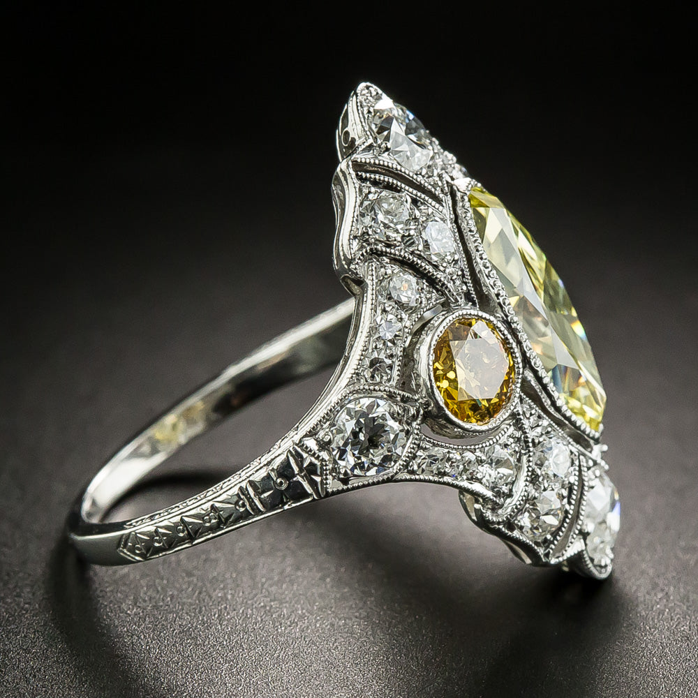 Art Deco 2.12 Carat Fancy Intense Yellow Moval Diamond Ring - GIA - 4