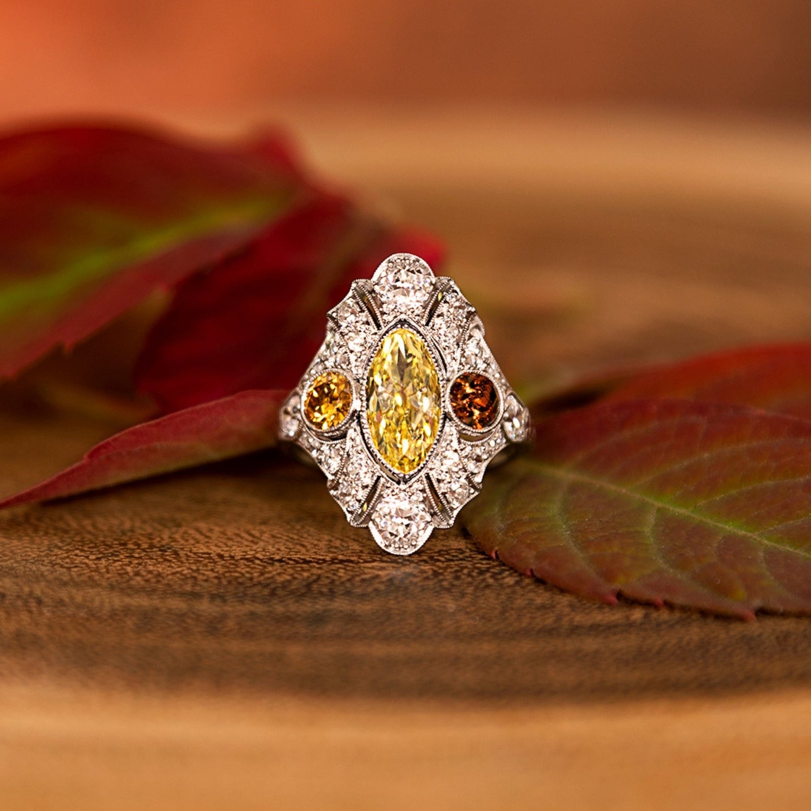 Art Deco 2.12 Carat Fancy Intense Yellow Moval Diamond Ring - GIA - 8