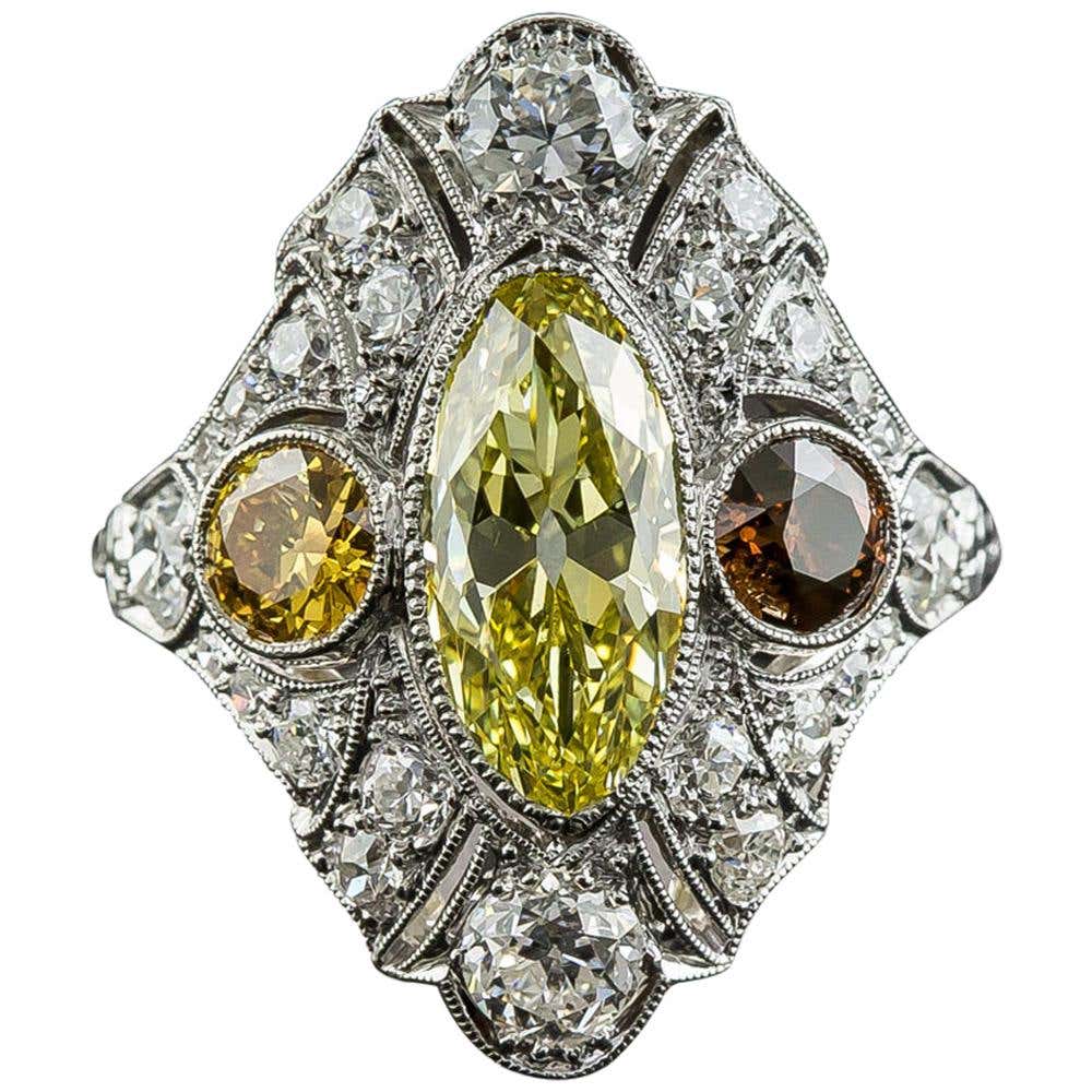 Art Deco 2.12 Carat Fancy Intense Yellow Moval Diamond Ring - GIA - 5