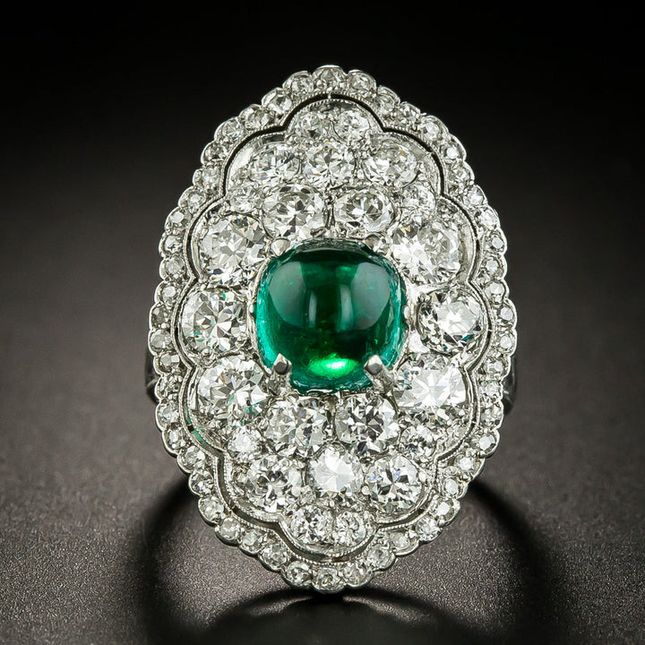 Art Deco 2.20 Carat Cabochon Emerald and Diamond Ring