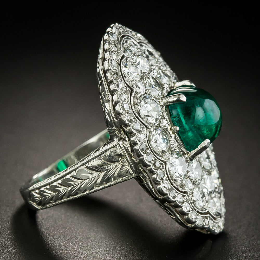 Art Deco 2.20 Carat Cabochon Emerald and Diamond Ring - 3
