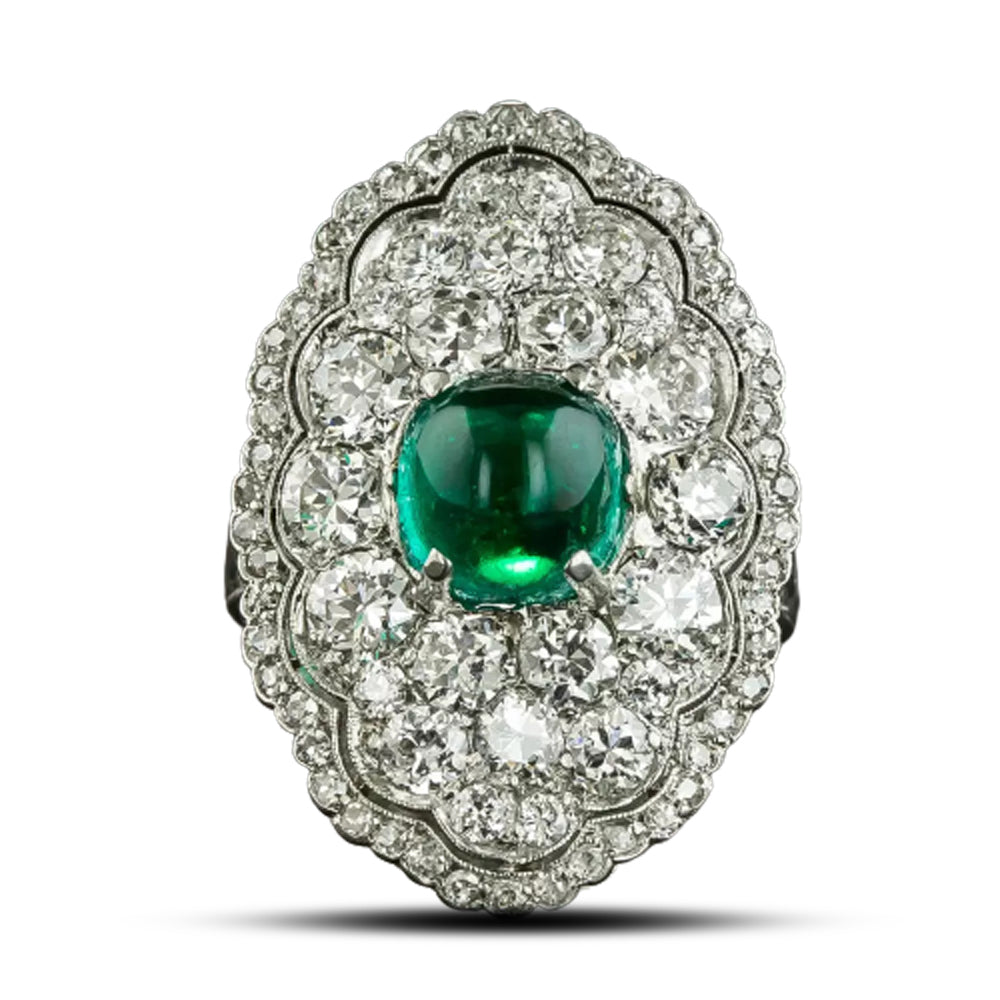 Art Deco 2.20 Carat Cabochon Emerald and Diamond Ring - 5