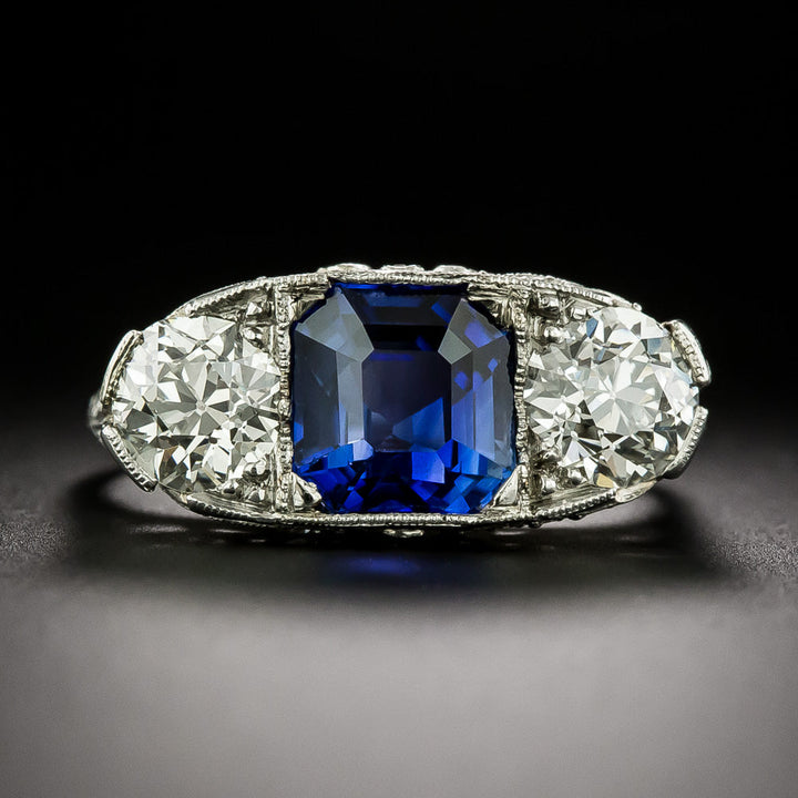 Art Deco 2.55 Carat Sapphire and Diamond Three-Stone Ring - GIA