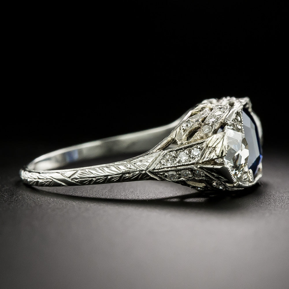 Art Deco 2.55 Carat Sapphire and Diamond Three-Stone Ring - GIA - 4