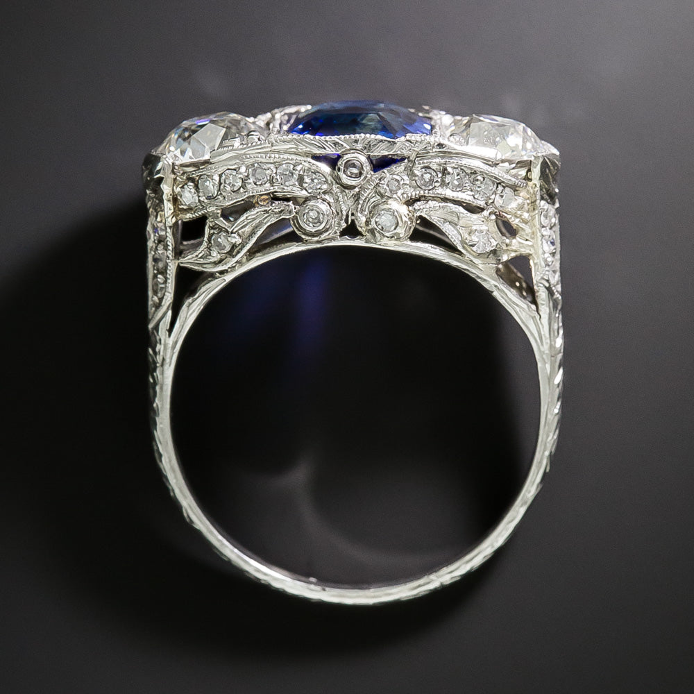 Art Deco 2.55 Carat Sapphire and Diamond Three-Stone Ring - GIA - 5