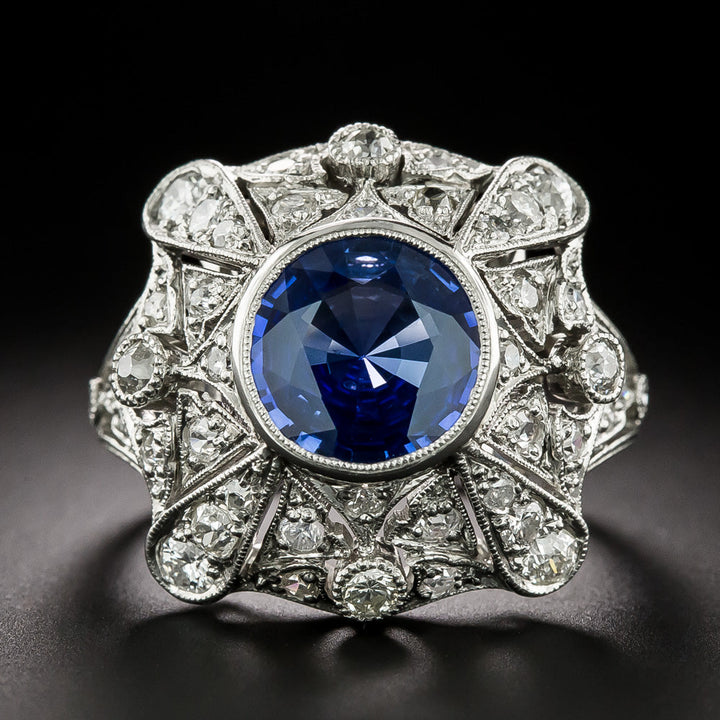 Art Deco 2.91 Carat Ceylon Sapphire And Diamond Ring - GIA