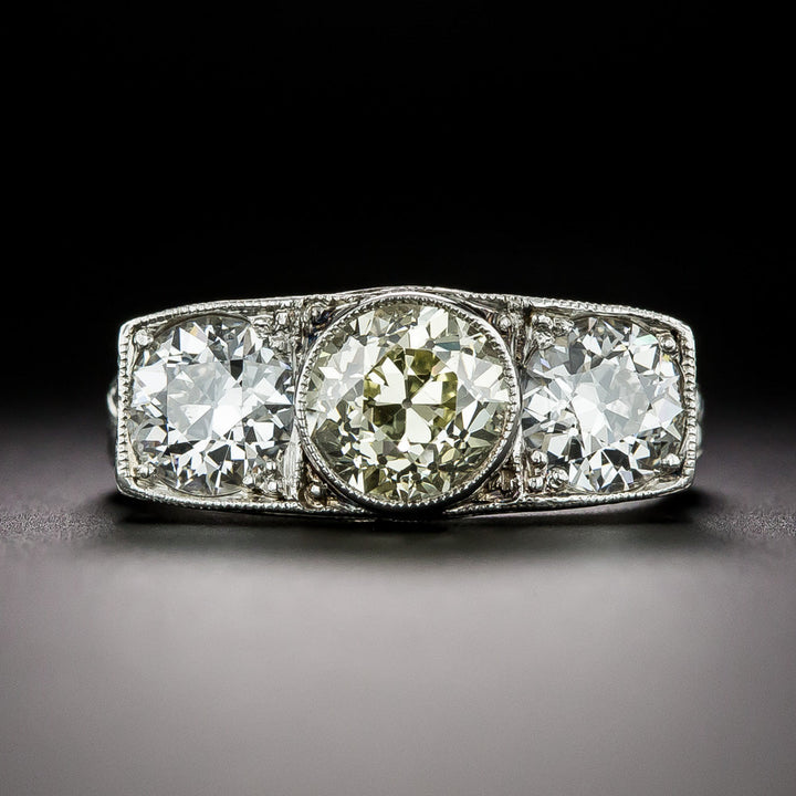 Art Deco 2.91 Total Carat Diamond Three-Stone Engagement Ring - GIA Light Fancy Yellow