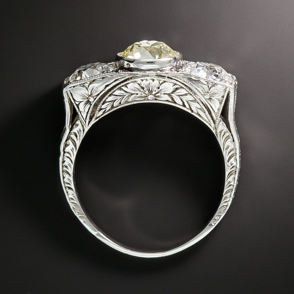 Art Deco 2.91 Total Carat Diamond Three-Stone Engagement Ring - GIA Light Fancy Yellow - 5