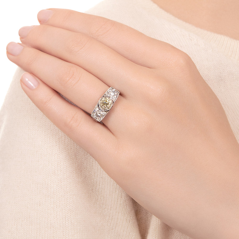 Art Deco 2.91 Total Carat Diamond Three-Stone Engagement Ring - GIA Light Fancy Yellow - 6