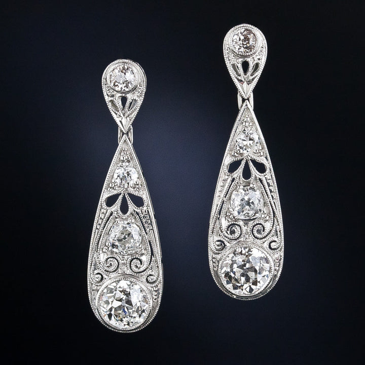 Art Deco 3.35 Carat Total Weight Diamond Drop Earrings