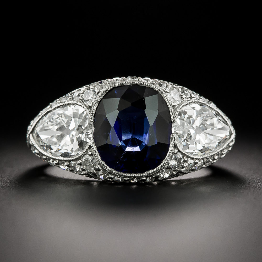 Art Deco 3.55 Carat Sapphire and Pear-Shaped Diamond Ring - GIA - 2