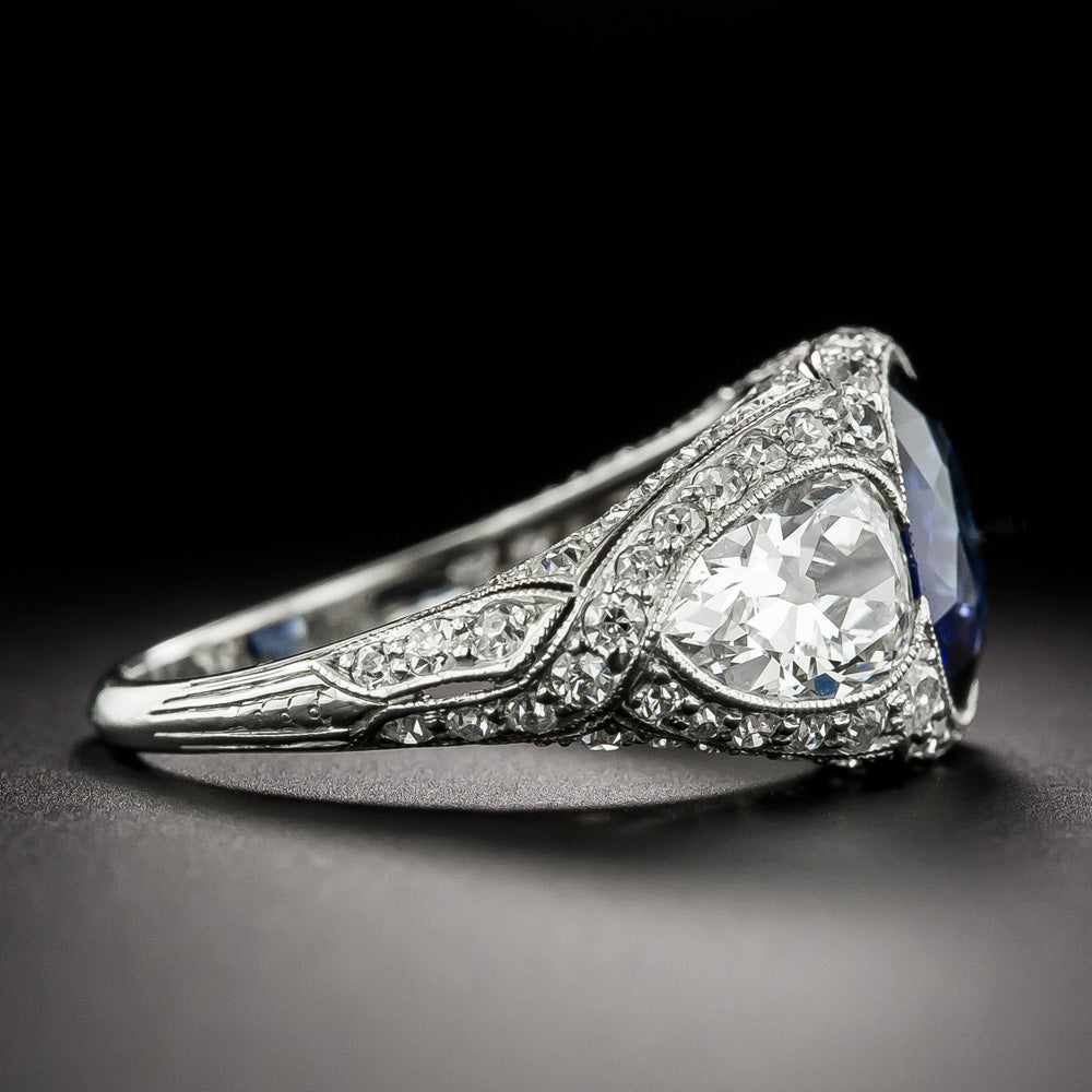 Art Deco 3.55 Carat Sapphire and Pear-Shaped Diamond Ring - GIA - 3