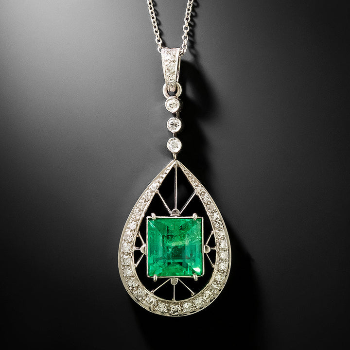 Art Deco 5.00 Carat Colombian Emerald and Diamond Pendant - GIA F1