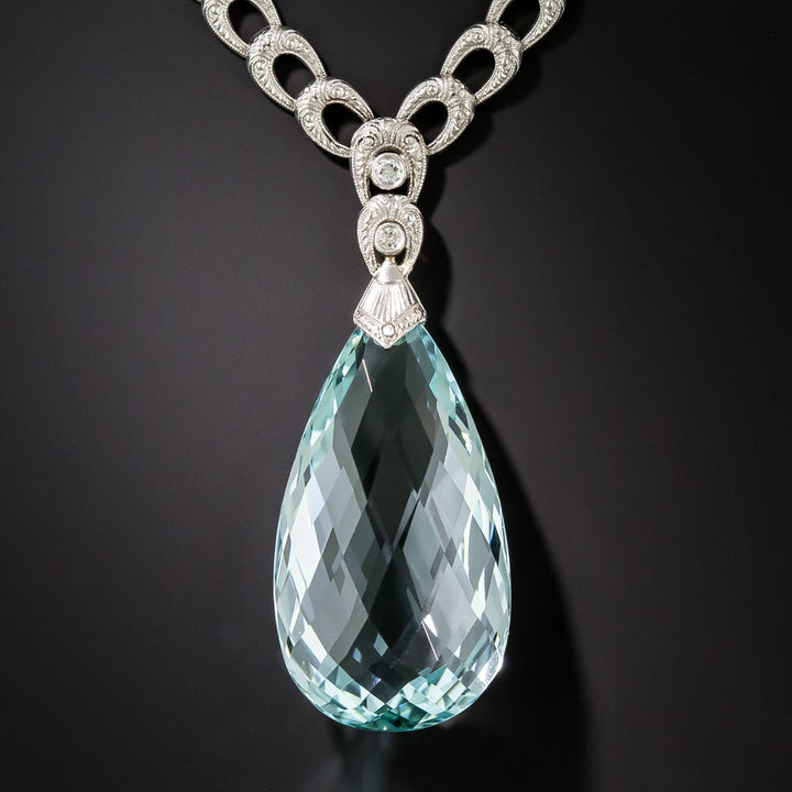 Art Deco 50.00 Carat Briolette Aquamarine and Diamond Drop Necklace