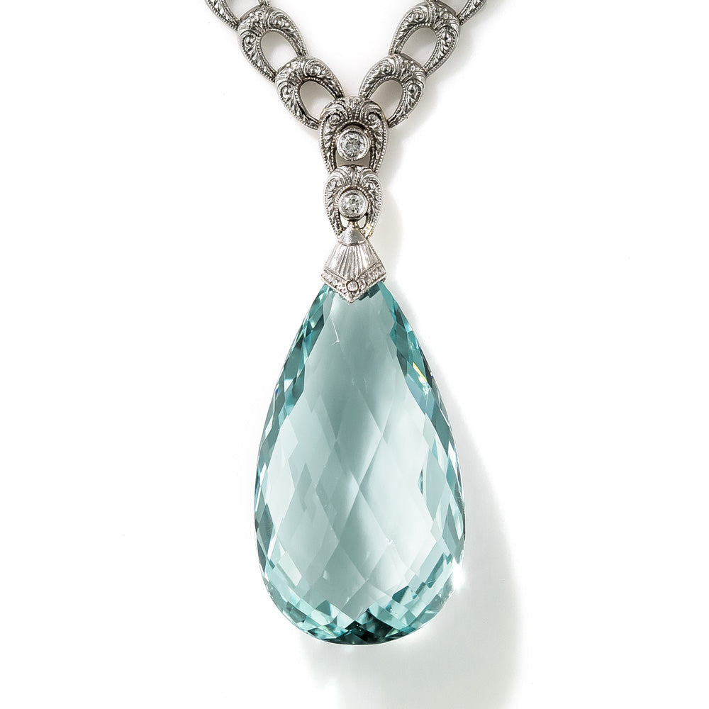Art Deco 50.00 Carat Briolette Aquamarine and Diamond Drop Necklace - 8