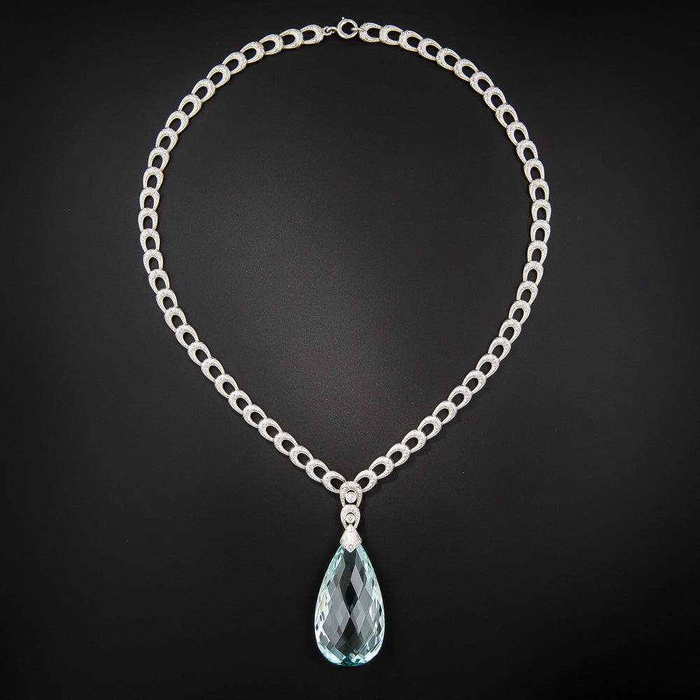 Art Deco 50.00 Carat Briolette Aquamarine and Diamond Drop Necklace - 9