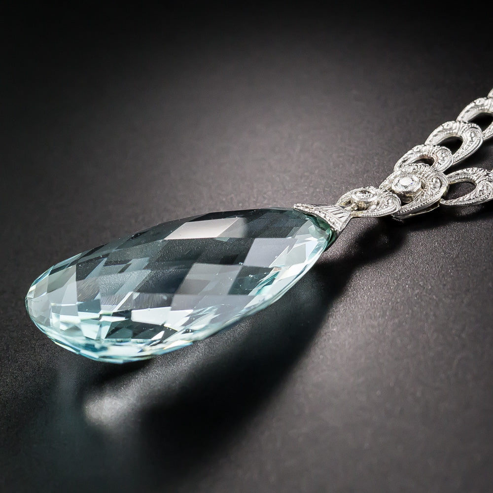 Art Deco 50.00 Carat Briolette Aquamarine and Diamond Drop Necklace - 10