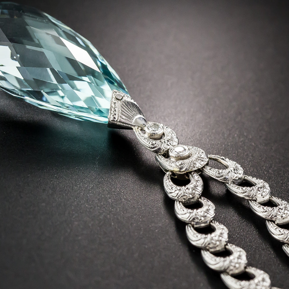 Art Deco 50.00 Carat Briolette Aquamarine and Diamond Drop Necklace - 11