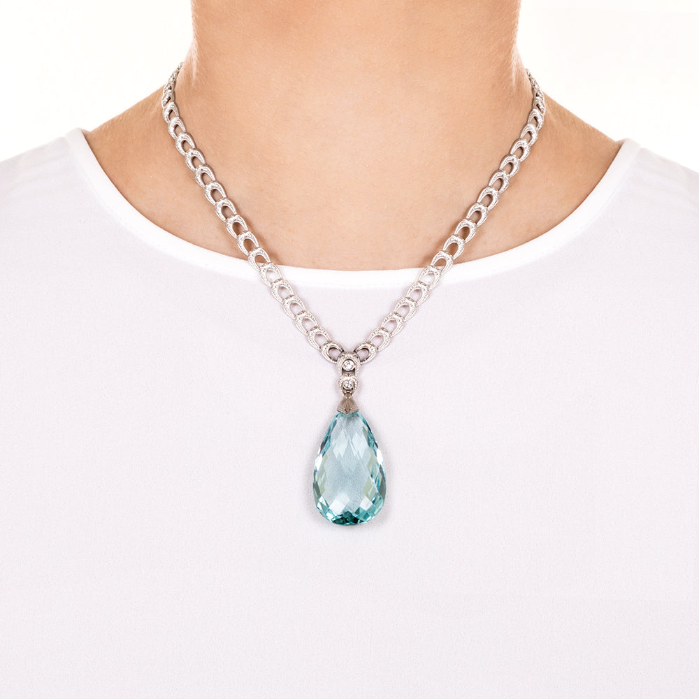 Art Deco 55 Carat Briolette Aquamarine and Diamond Drop Necklace - 6