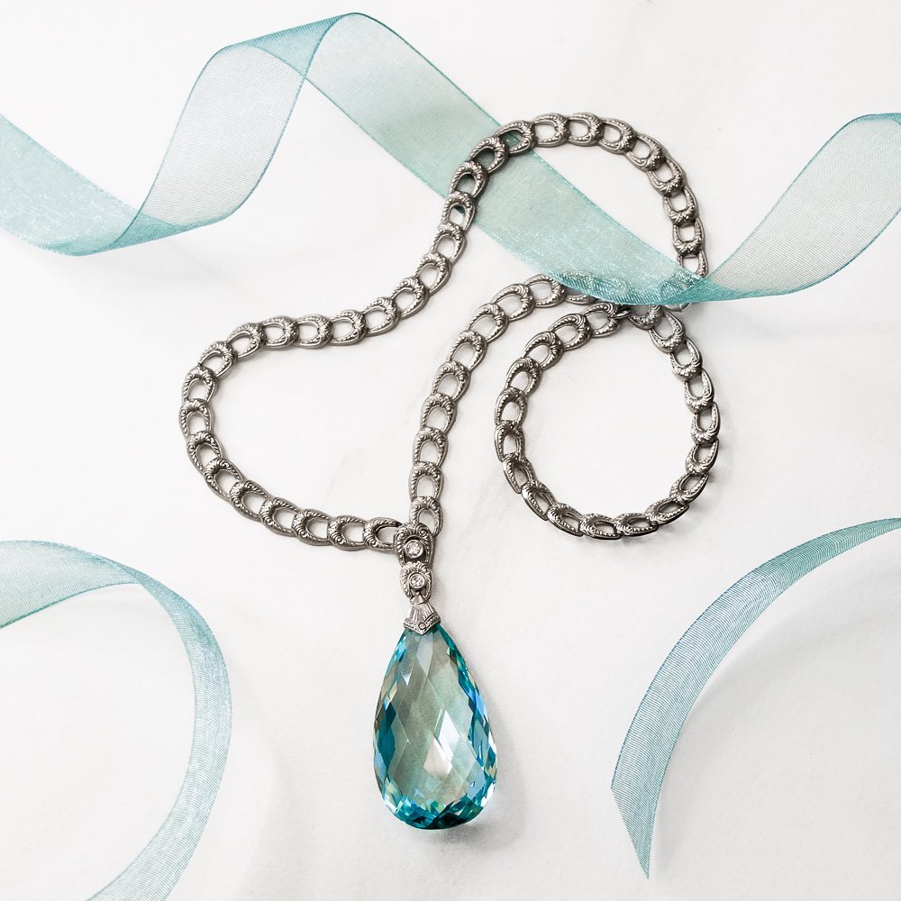 Art Deco 50.00 Carat Briolette Aquamarine and Diamond Drop Necklace - 14