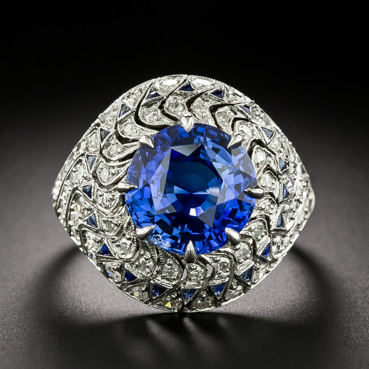 Art Deco 6.09 Carat Sapphire and Diamond Domed Ring