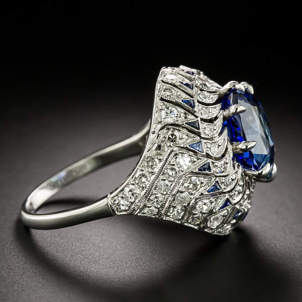 Art Deco 6.09 Carat Sapphire and Diamond Domed Ring - 4