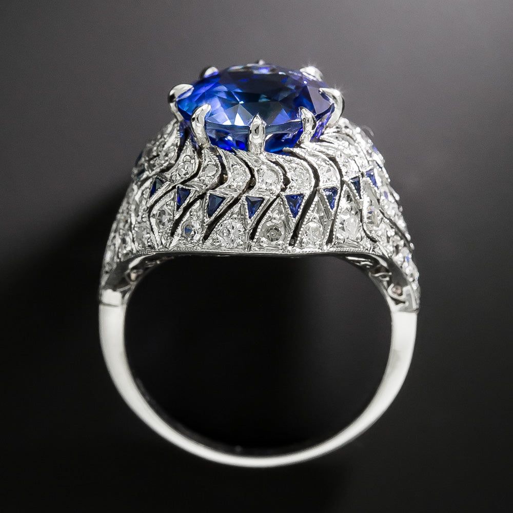 Art Deco 6.09 Carat Sapphire and Diamond Domed Ring - 5