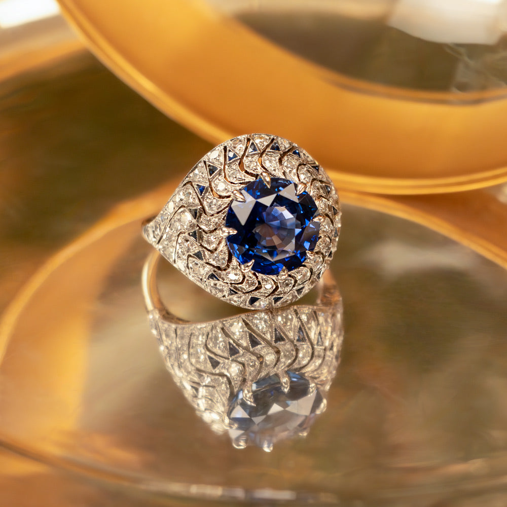 Art Deco 6.09 Carat Sapphire and Diamond Domed Ring - 8